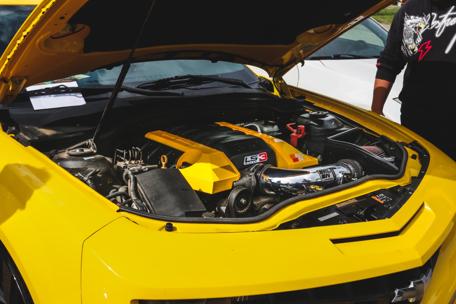 Yellow Camaro engine bay at the MBC meet